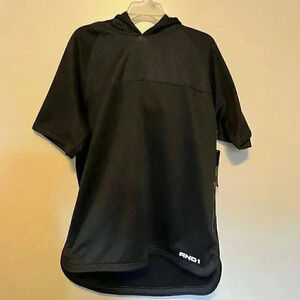 AND1 Men Sweatshirt L Black Hoodie Logo Spellout Short Sleeve Pullover N…
